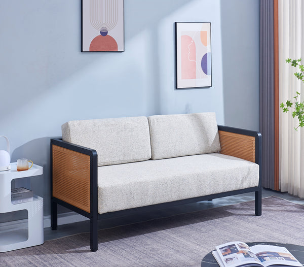 0REBRO - Canapé 2/3 personnes en cannage et tissu gris