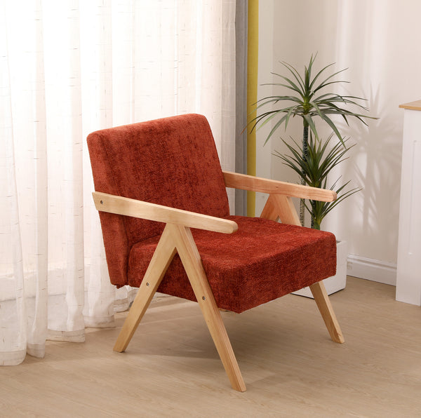 SANTAREM - Fauteuil de salon en bois massif et bouclettes terracotta