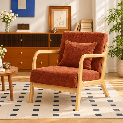 OHAMA - Fauteuil de salon en bois massif et tissu terracotta