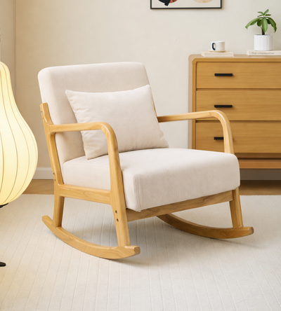 DIANA - Poltrona a dondolo in legno massello e tessuto beige