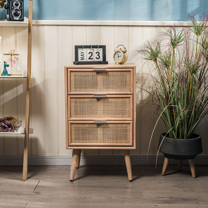 Chiffonnier 3 tiroirs en bois et rotin naturel