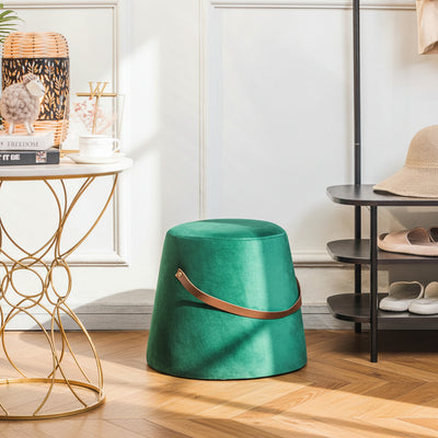 Pouf in velluto verde con dettaglio in corda