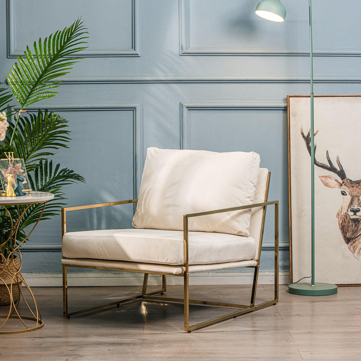 Fauteuil de salon en métal et velours beige