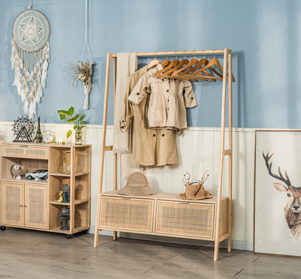 TURKU - Portant vestiaire en bois massif et rotin