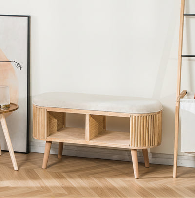 ISUMI - Banco con espacio de almacenamiento en madera y terciopelo beige.