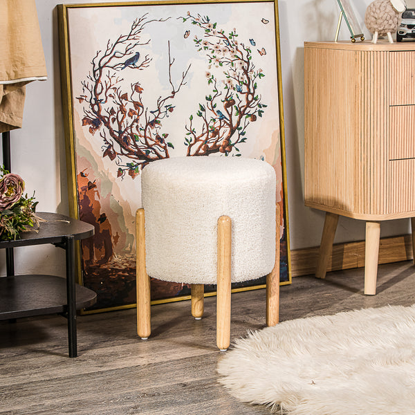 BOHOL - Pouf en bouclettes blanches et pietements en bois