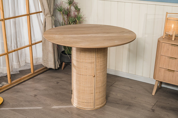 HAVANA - Table a manger ronde 4 personnes en pin massif et rotin D90