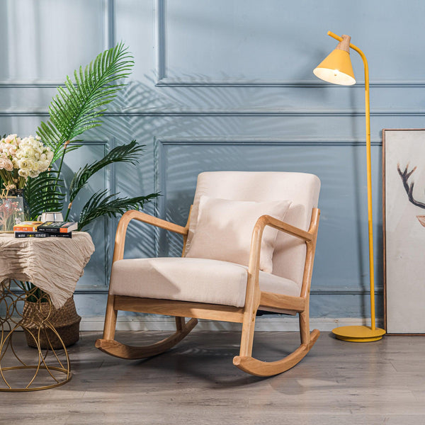 Rocking chair en bois massif et tissu beige
