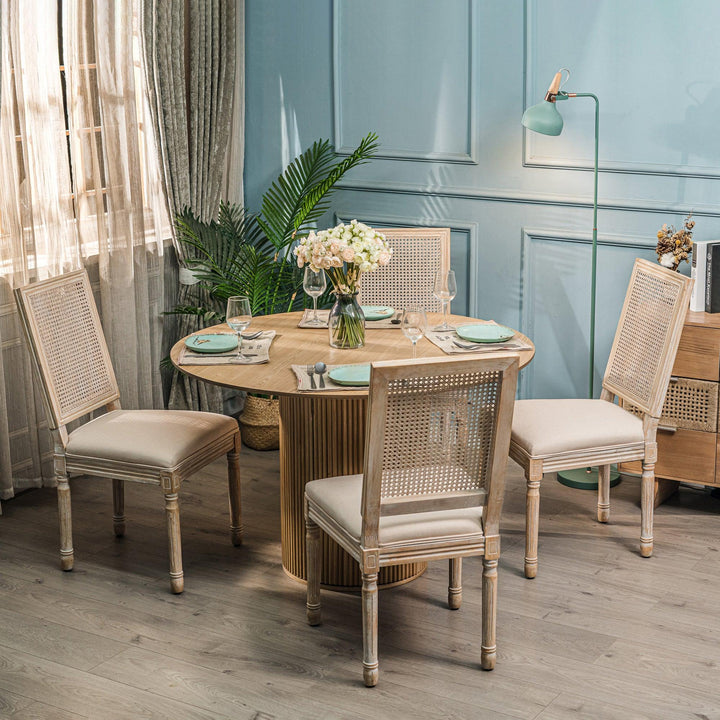 Lot de 2 chaises en bois et cannage avec assise en tissu beige