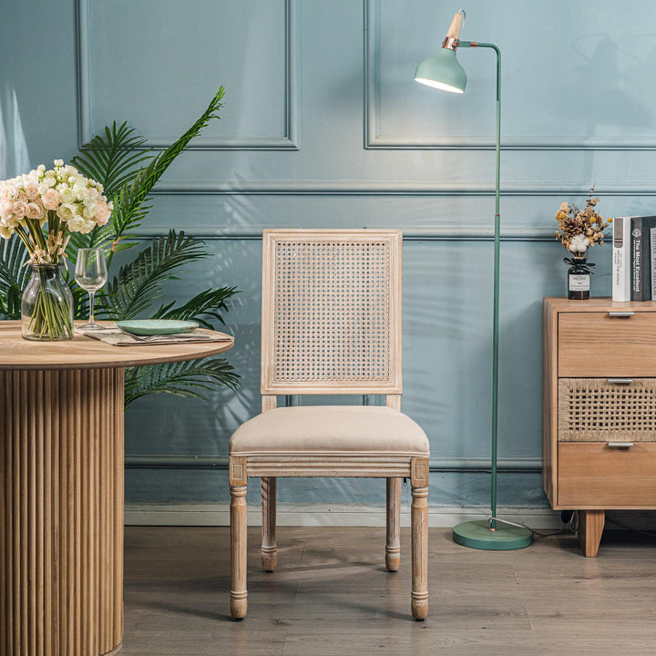 Lot de 2 chaises en bois et cannage avec assise en tissu beige