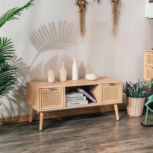 Meuble TV 2 tiroirs en bois et rotin