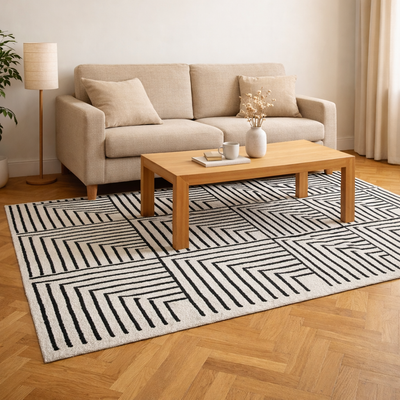 KEVO - Tappeto rettangolare in cotone con motivi beige e neri 120 x 180 cm