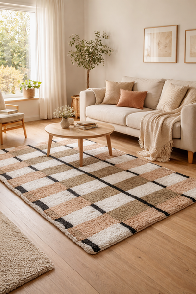 VAXJO - Tappeto rettangolare in cotone con motivi marroni ed écru, 120 x 180 cm