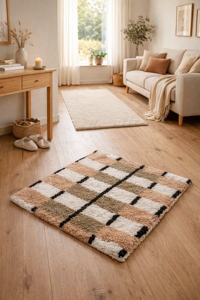 VAXJO - Alfombra rectangular de algodón con estampados en tonos marrones y crudos, 90 x 60 cm