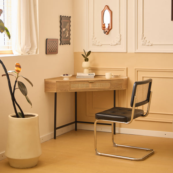 SETO - Bureau d'angle en bois et rotin 1 tiroir