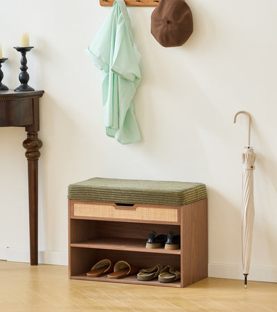 KUBO - Scarpiera con vano contenitore in legno e velluto a coste verde kaki