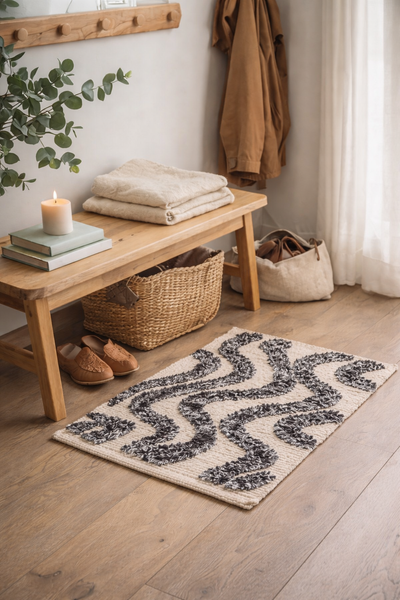 KOUVOLA - Tappeto rettangolare in cotone con motivo marrone ed écru 50 x 80 cm