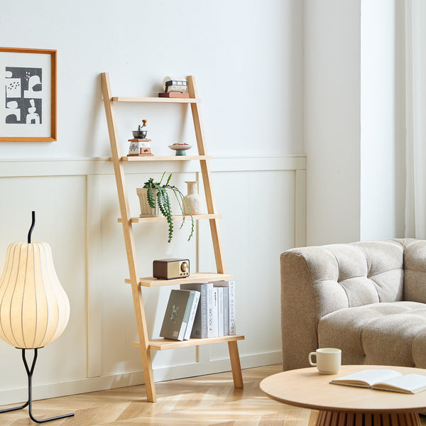 SMOGEN - Etagère murale échelle 5 niveaux en bois massif et rotin
