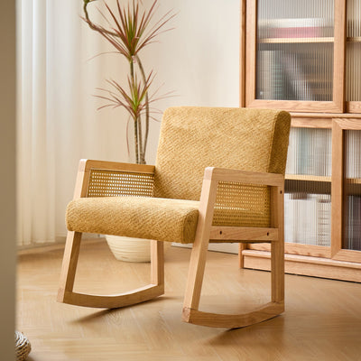 BORGO - Rocking chair en bois massif, rotin et tissu jaune