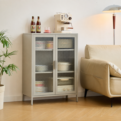 SKIEN - Buffet 2 portes en métal et verre strié beige