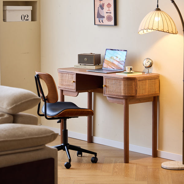 TOYAMA - Bureau 2 portes en bois finition noyer et cannage