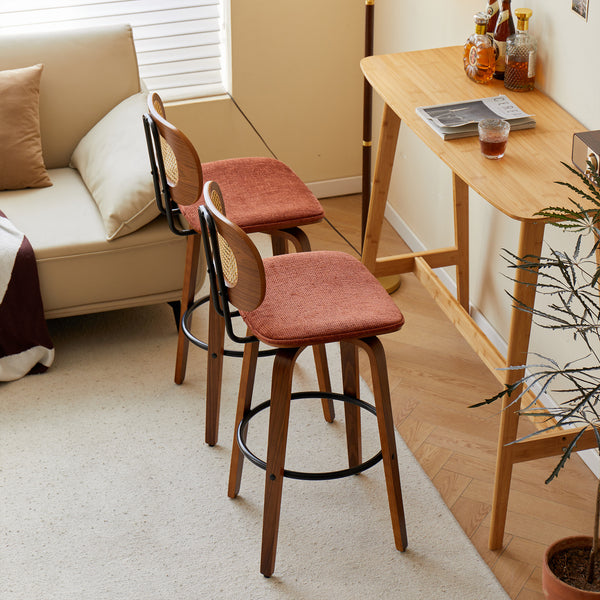 ALESUND - Lot de 2 tabourets de bar en bois massif et cannage terracotta