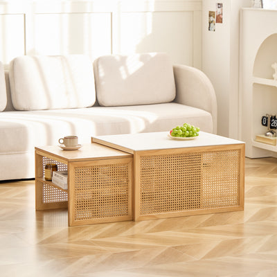 TROMSO - Set di 2 tavolini bassi a incastro in rattan con piano effetto marmo