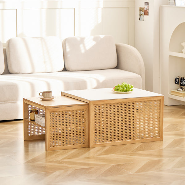 TROMSO - Set de 2 tables basses gigognes en rotin et plateau effet marbre