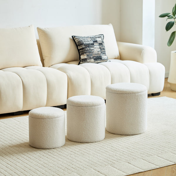 NARVIK - Set de 3 poufs avec rangement en bois et bouclettes blanches