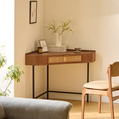 SETO - Hoekbureau van hout en rotan met 1 lade en metalen poten