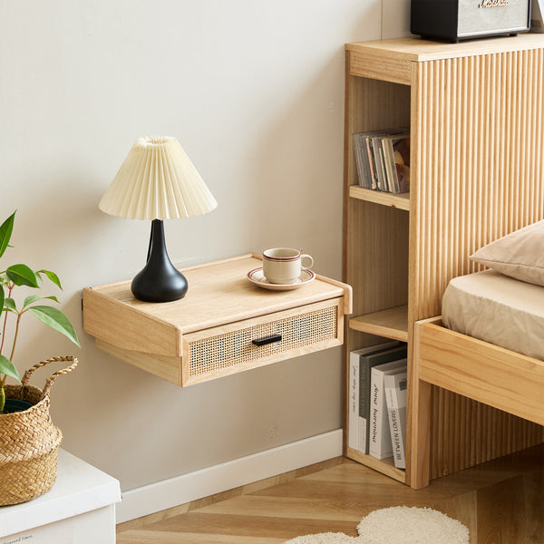 PITEA - Table de chevet murale en bois et rotin naturel