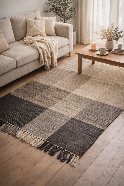 REISA - Rektangulært bomuldstæppe med brune og råhvide mønstre 120 x 180 cm