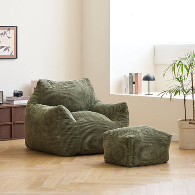 SABY - Pouf et repose pieds en velours côtelé vert