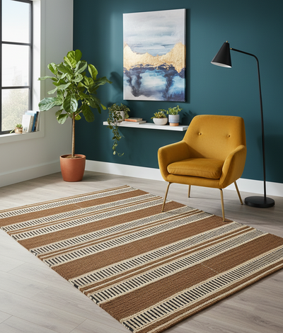 KUOPIO - Rektangulært bomuldstæppe med brune og råhvide mønstre 120 x 180 cm