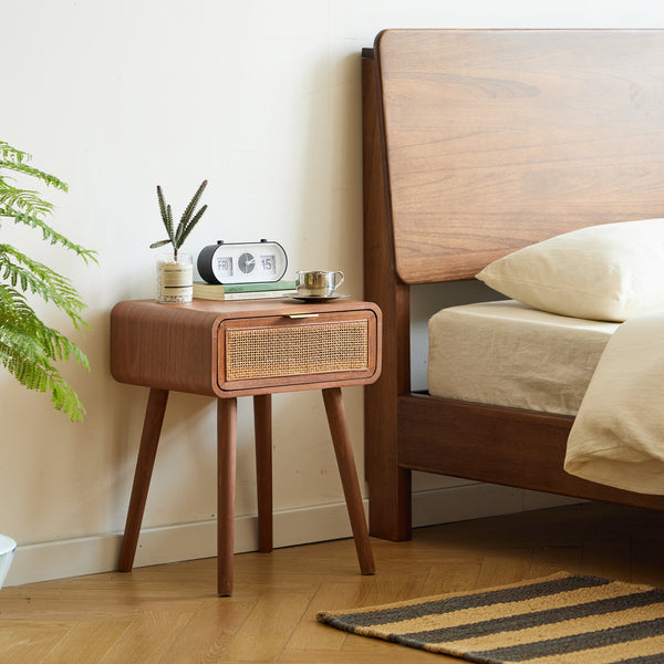 MALI - Table de chevet 1 tiroir en rotin et bois de noyer