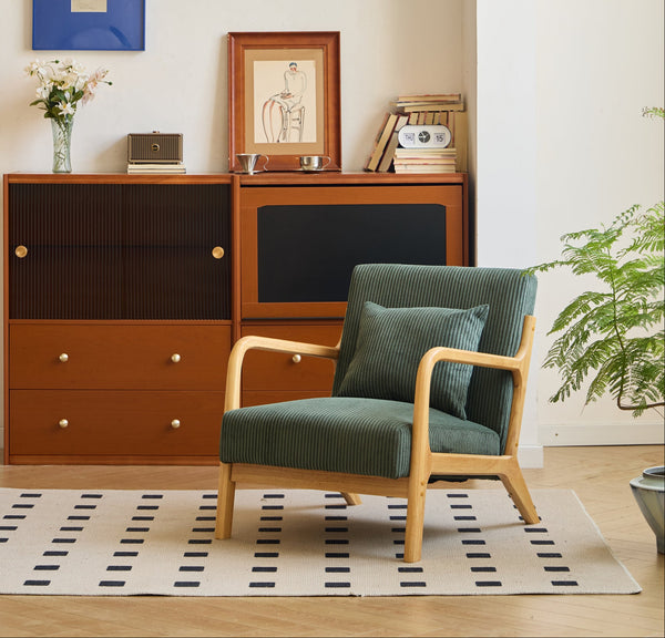 OHAMA - Fauteuil de salon en bois massif et velours côtelé vert