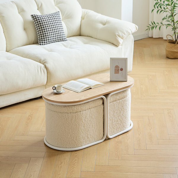 SENJA - Set d'une table basse en bois et 2 poufs en bouclettes blanches