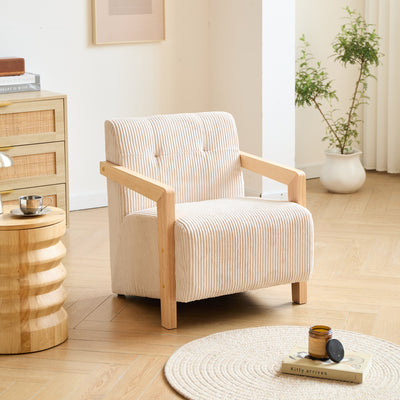 LERWICK - Fauteuil de salon en bois massif et velours côtelé beige