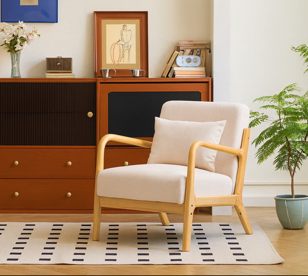 OHAMA - Fauteuil de salon en bois massif et tissu beige