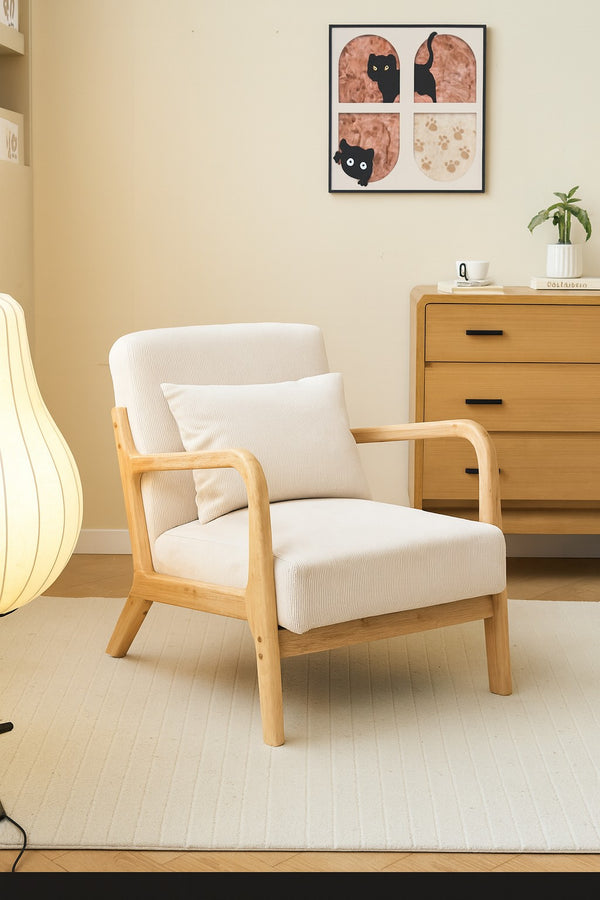 OHAMA - Fauteuil de salon en bois massif et velours côtelé beige