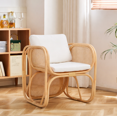 MOROTAI - Natural Rattan Armchair with Beige Upholstery