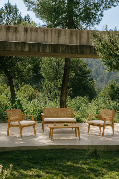 TEMUCO - Salotto da giardino in rattan e legno massello beige