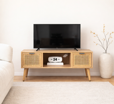 AKITA - TV-Schrank aus Massivholz und Rattan mit 2 Schubladen