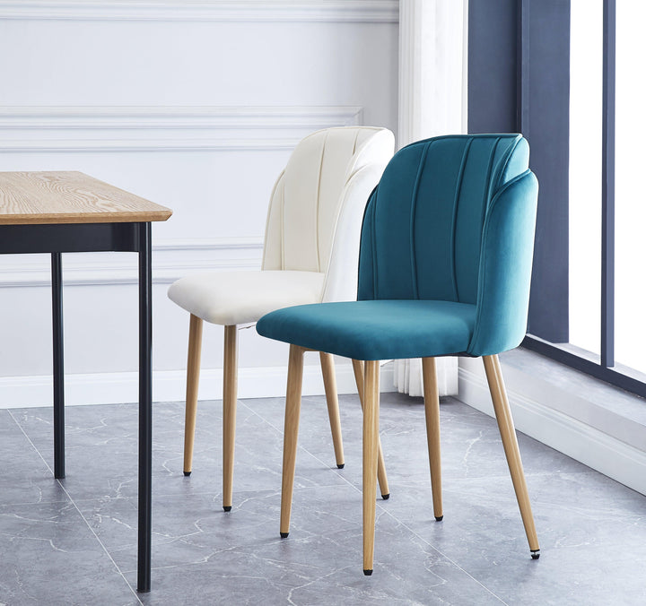 Lot de 2 chaises en métal effet bois et tissu bleu canard