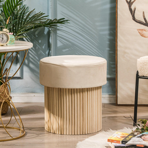 Pouf en velours beige et base en bois