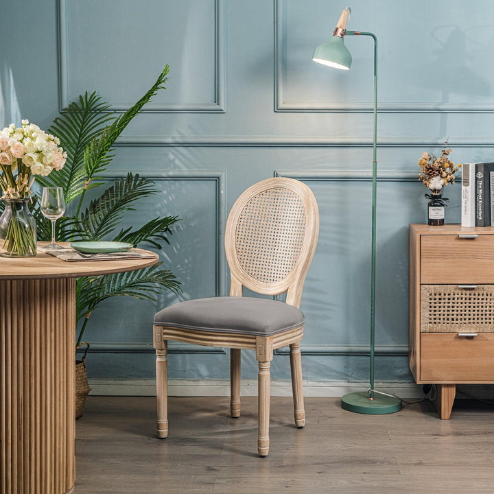 Lot de 2 chaises en bois et cannage avec assise en tissu gris fonce