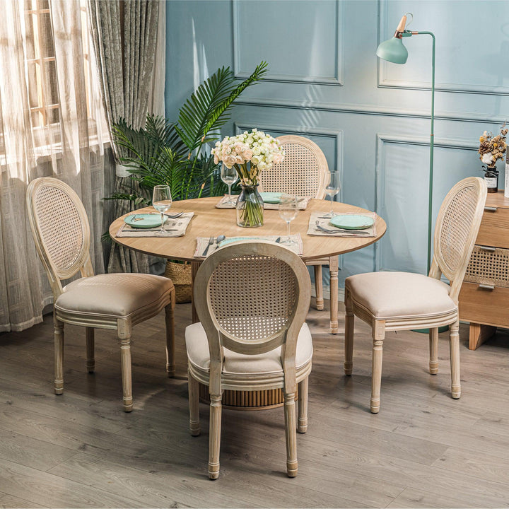 Lot de 2 chaises en bois et cannage avec assise en tissu beige