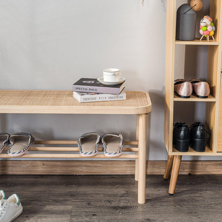 Banc avec rangement en pin massif et rotin