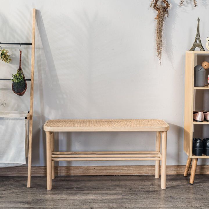 Banc avec rangement en pin massif et rotin