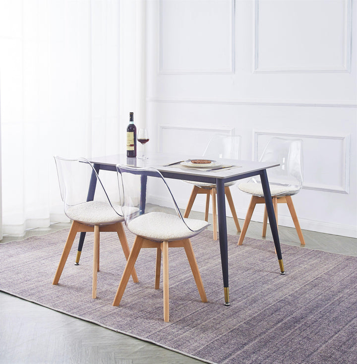 Lot de 4 chaises transparentes avec pieds en bois et bouclettes blanches